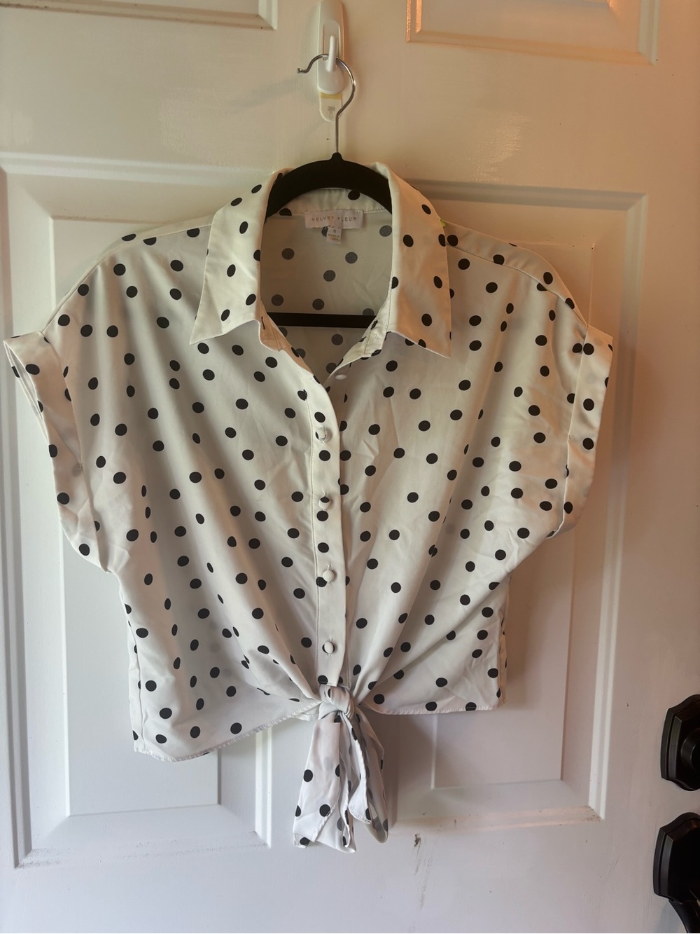 Polka Dot Tie-Front Button Down Shirt — Black on Cream